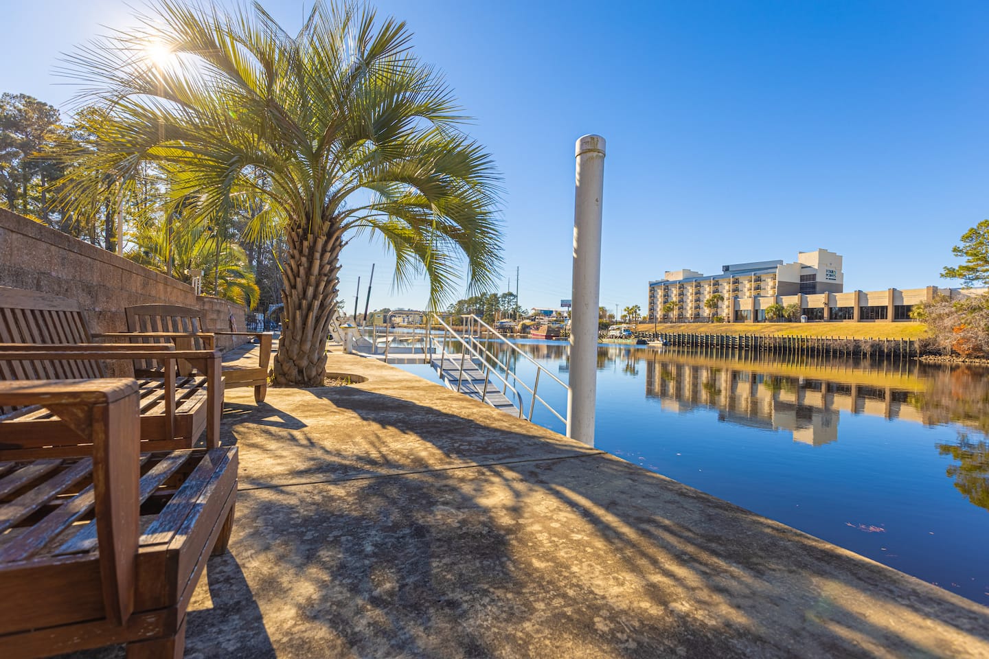Palm tree, waterfront seating, dock walkway, and mooring posts beside the Intracoastal Waterway.