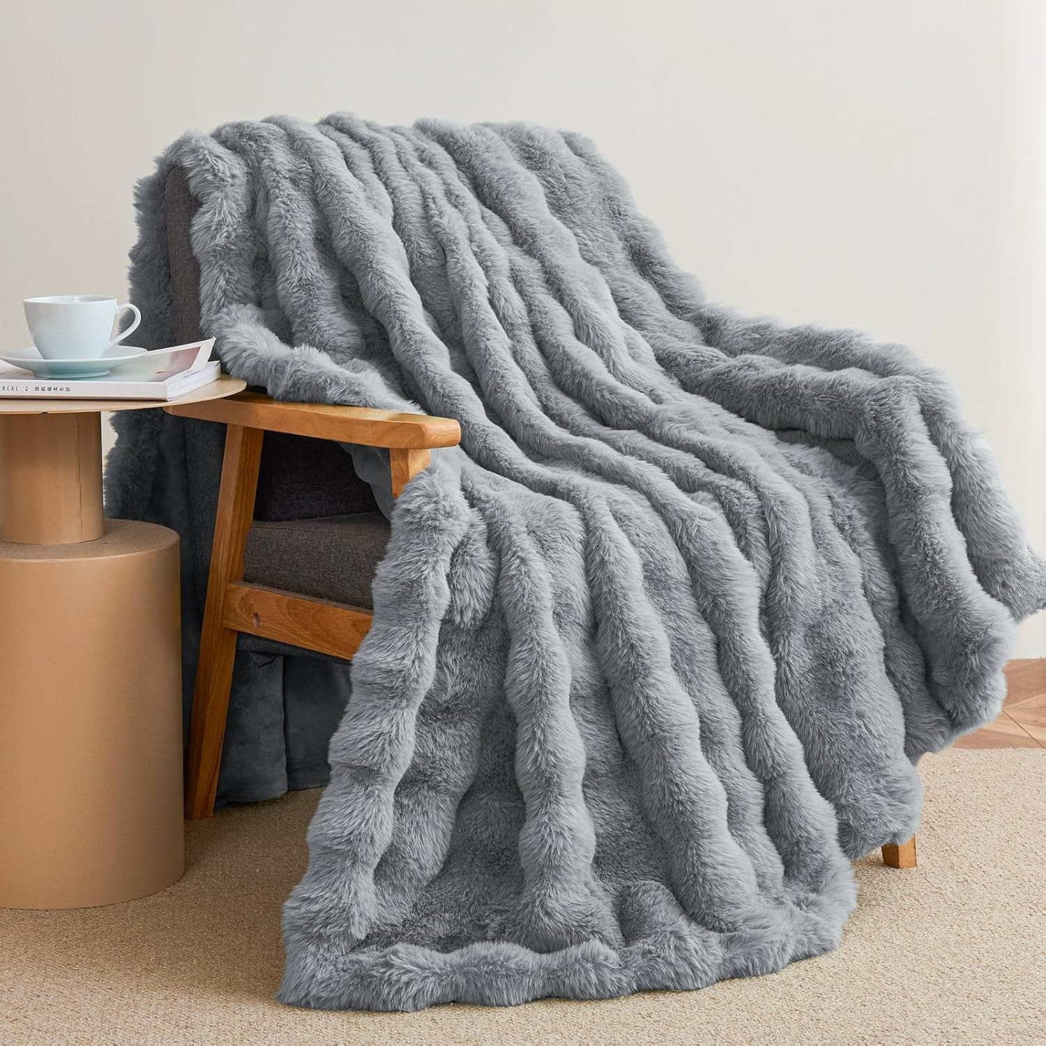 Grey faux rabbit fur reversible throw blanket