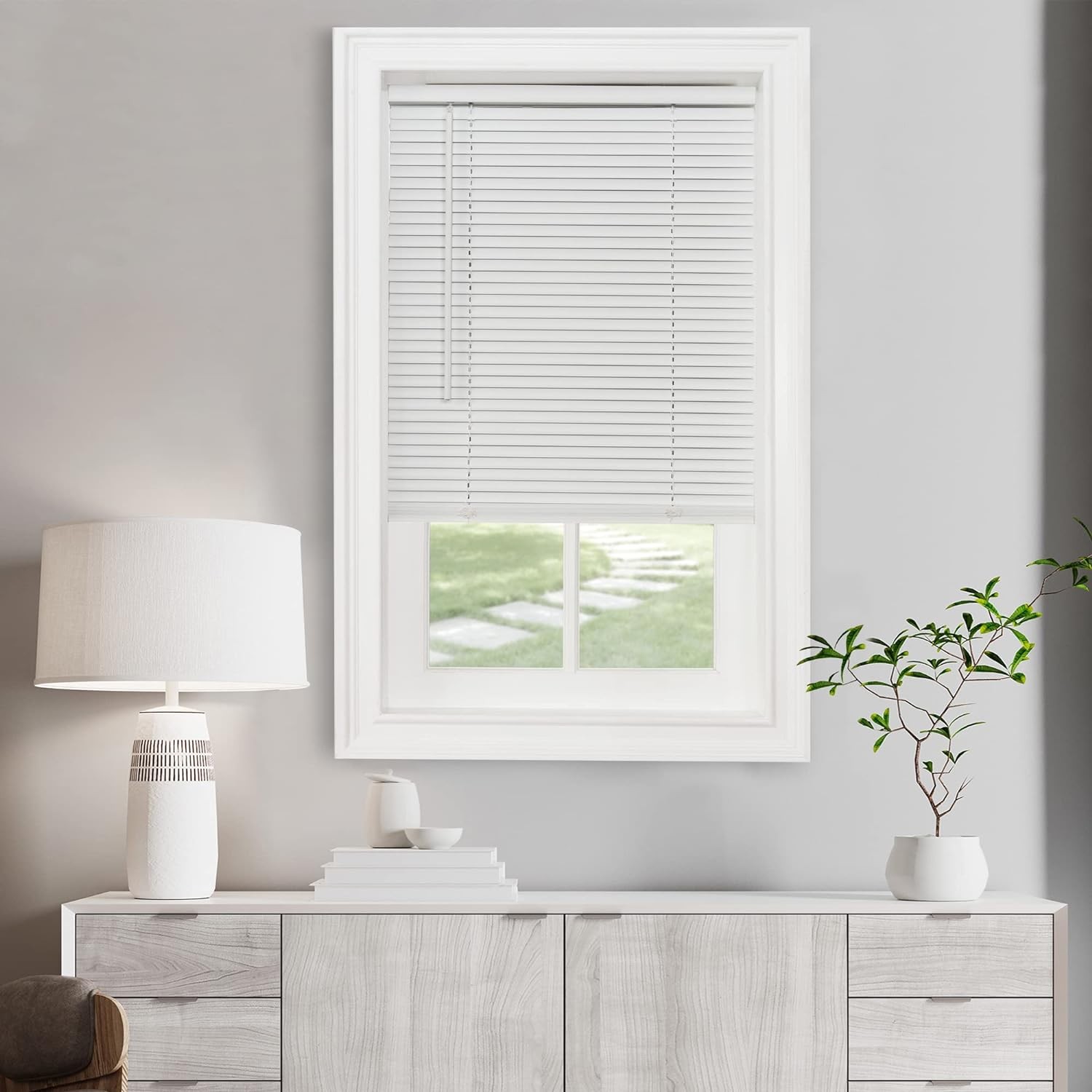 Pearl white cordless light filtering mini blind