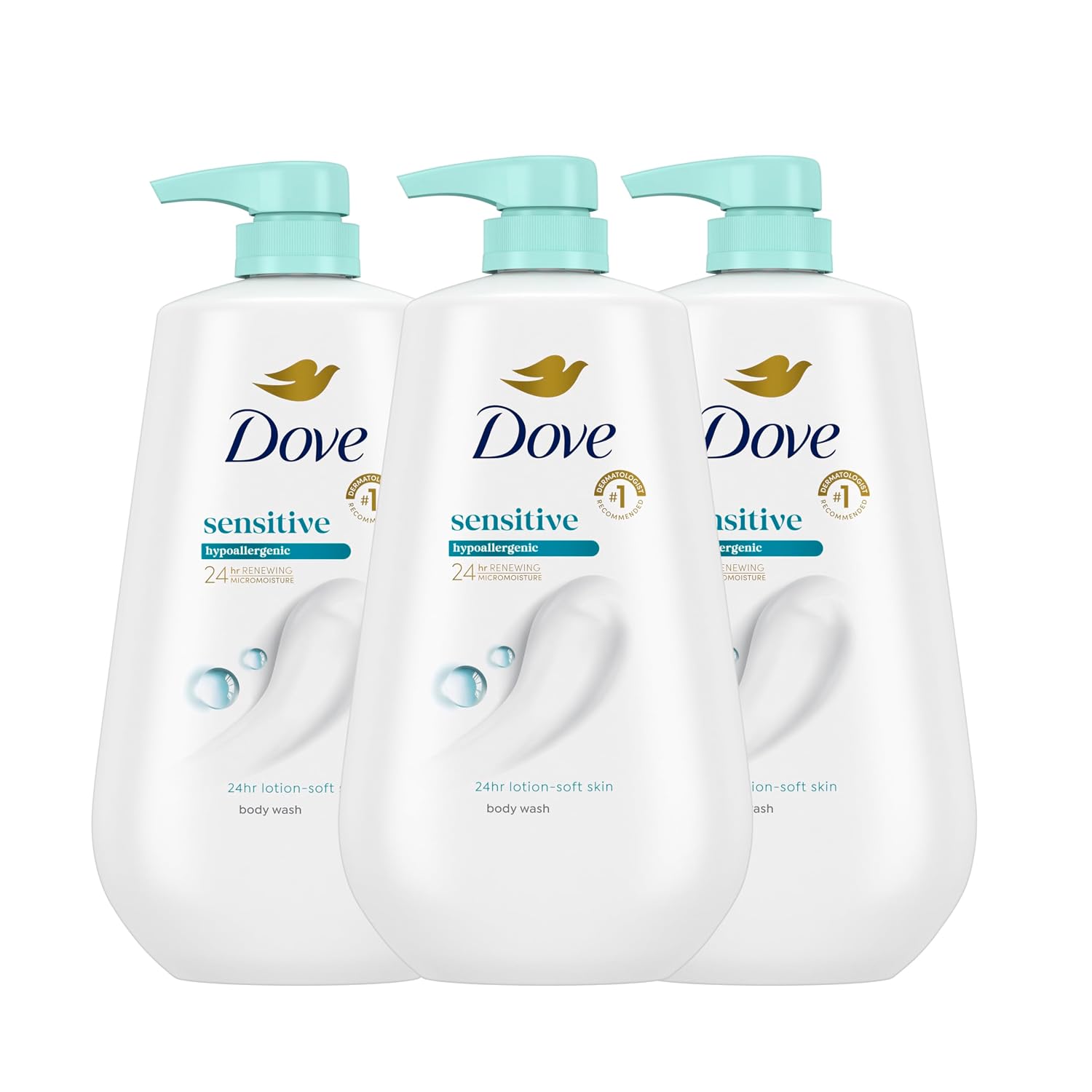 Three Dove Sensitive Skin body wash pump bottles