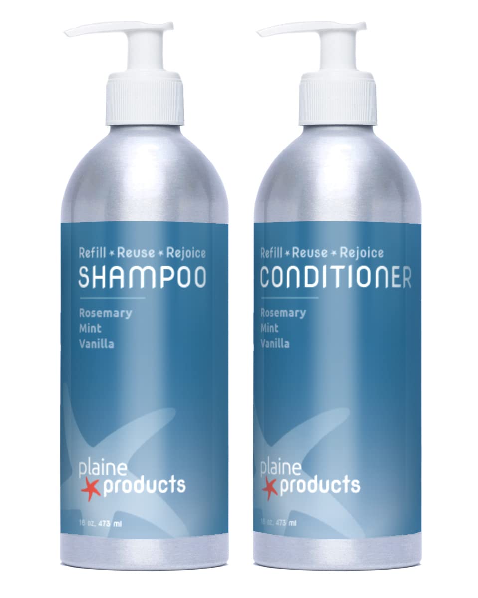 Plaine Products shampoo and conditioner refillable bottles