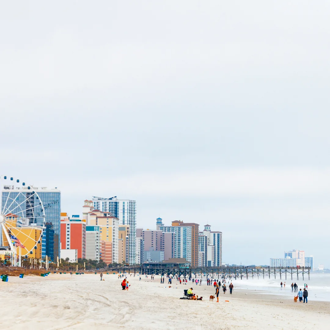 Myrtle Beach shoreline and skyline viewed from the sand