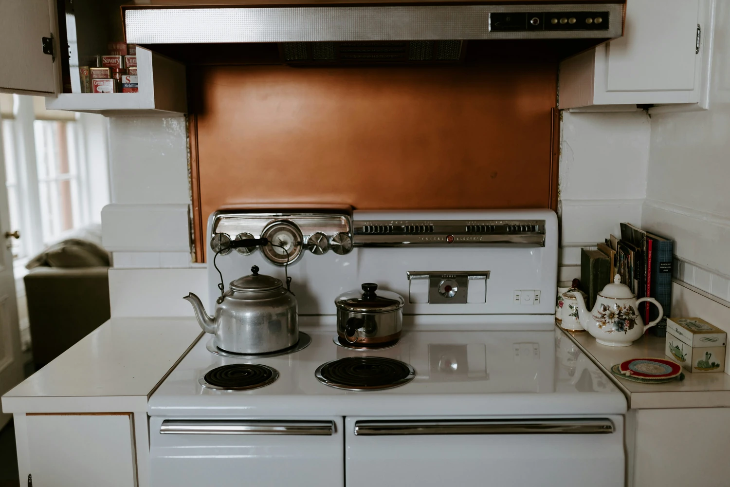 Electric range, microwave, and refrigerator in a compact kitchen