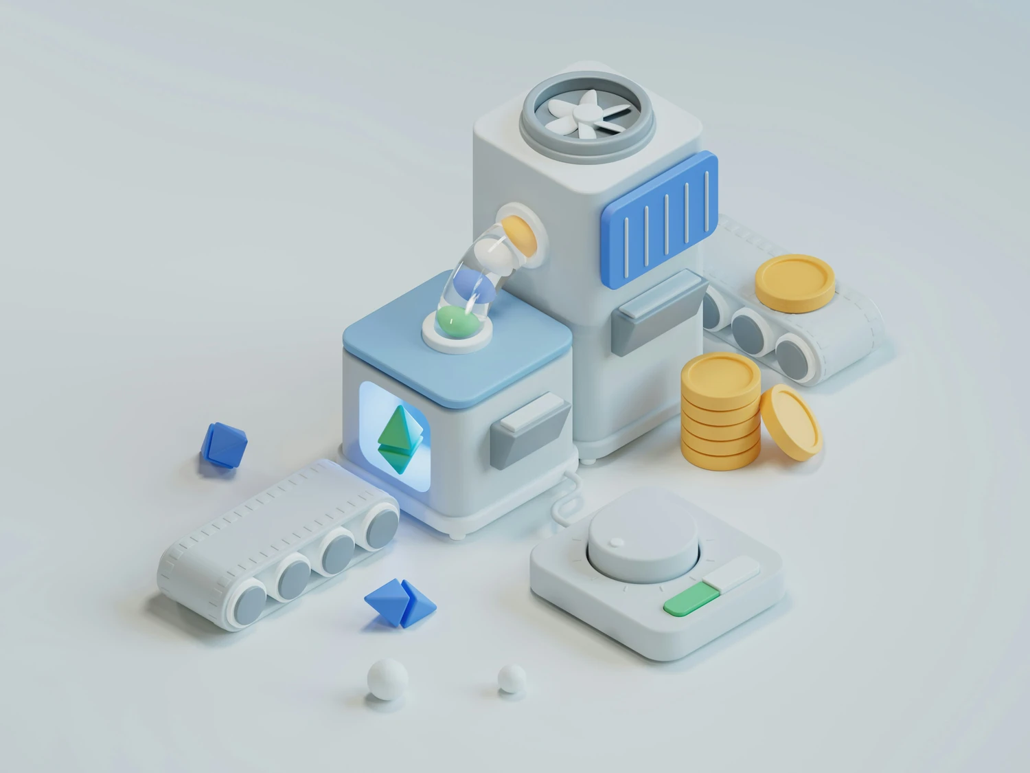 Financial automation illustration with coins, charts, and a calculator