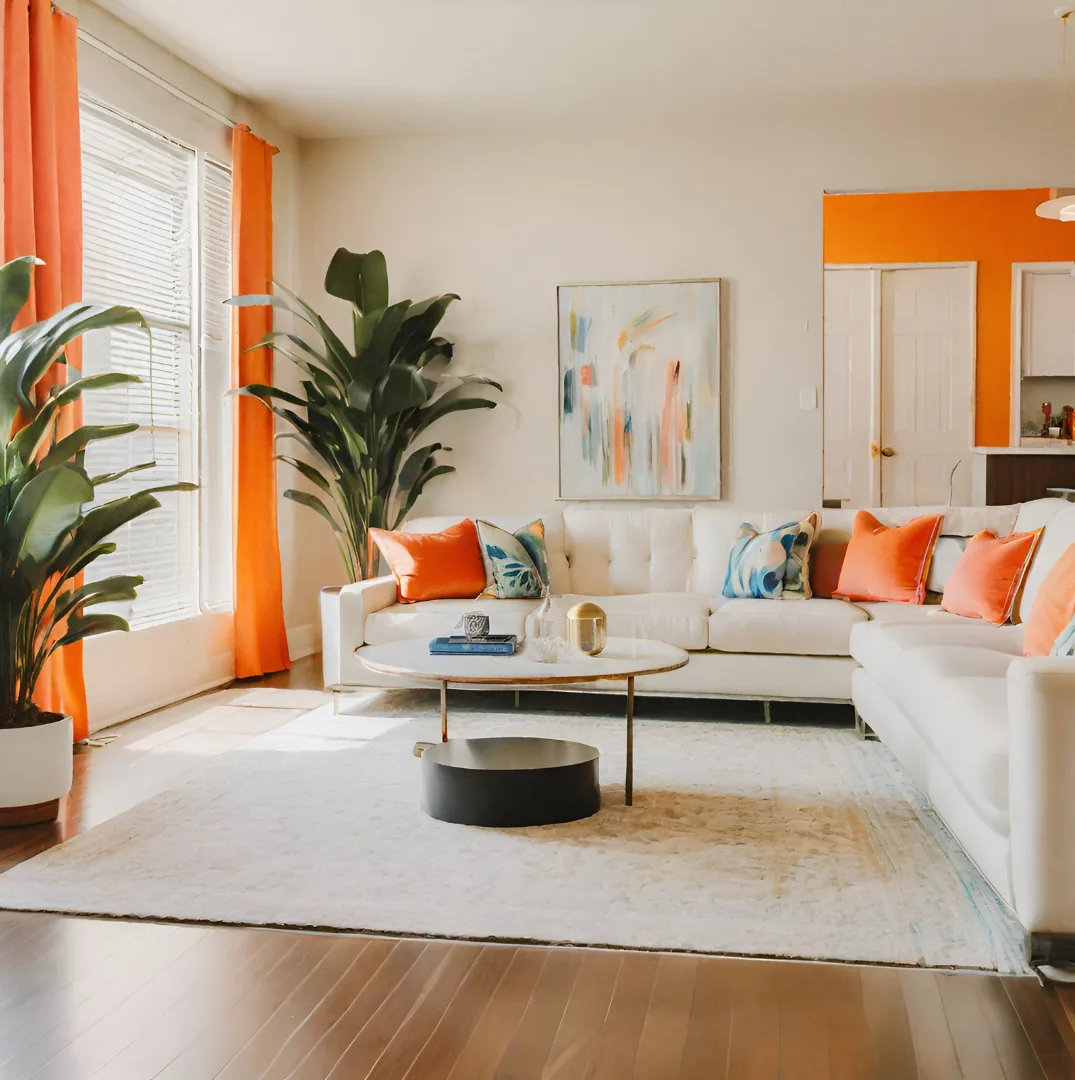 Bright living room with orange accents and floor-to-ceiling windows
